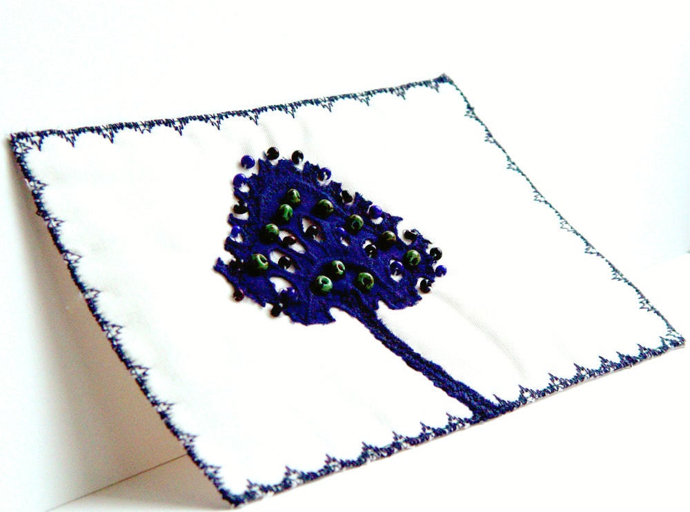 BLUEBERRY TREE - fiber art, fabric postcard, navy blue