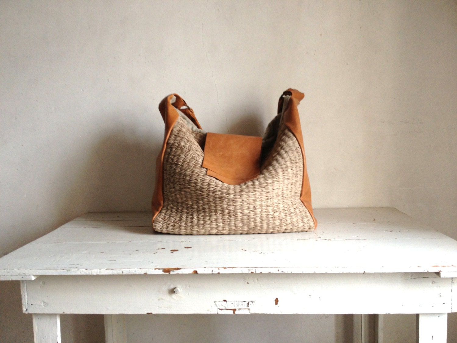 Extra Large Tote in Leather and Handweave Boho Style -  Natural Tan Leather - Made to Order