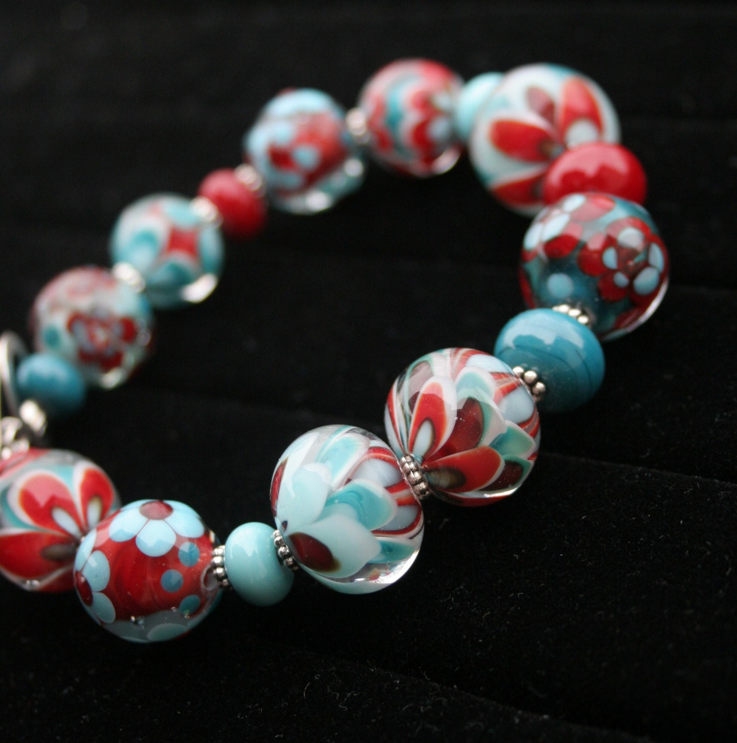 Beautiful Summer Spring Strawberry Turquoise Teal Lampworking Glass Beads Sterling Toggle EMCPC