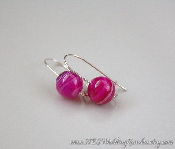 Colorful earrings with magenta pink agate beads silver plated wire gemstone made in Israel free shipping