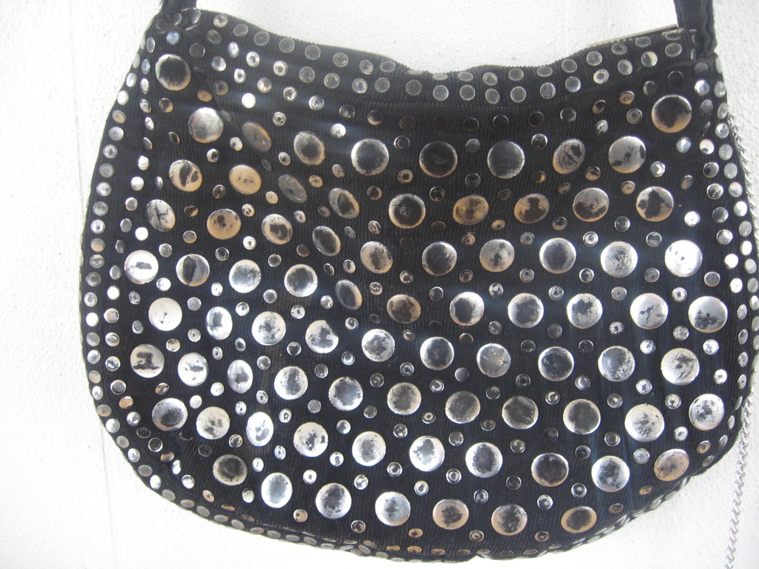 Vintage 1970s Black Corduroy with Silver Circle Studs with change purse on metal chain