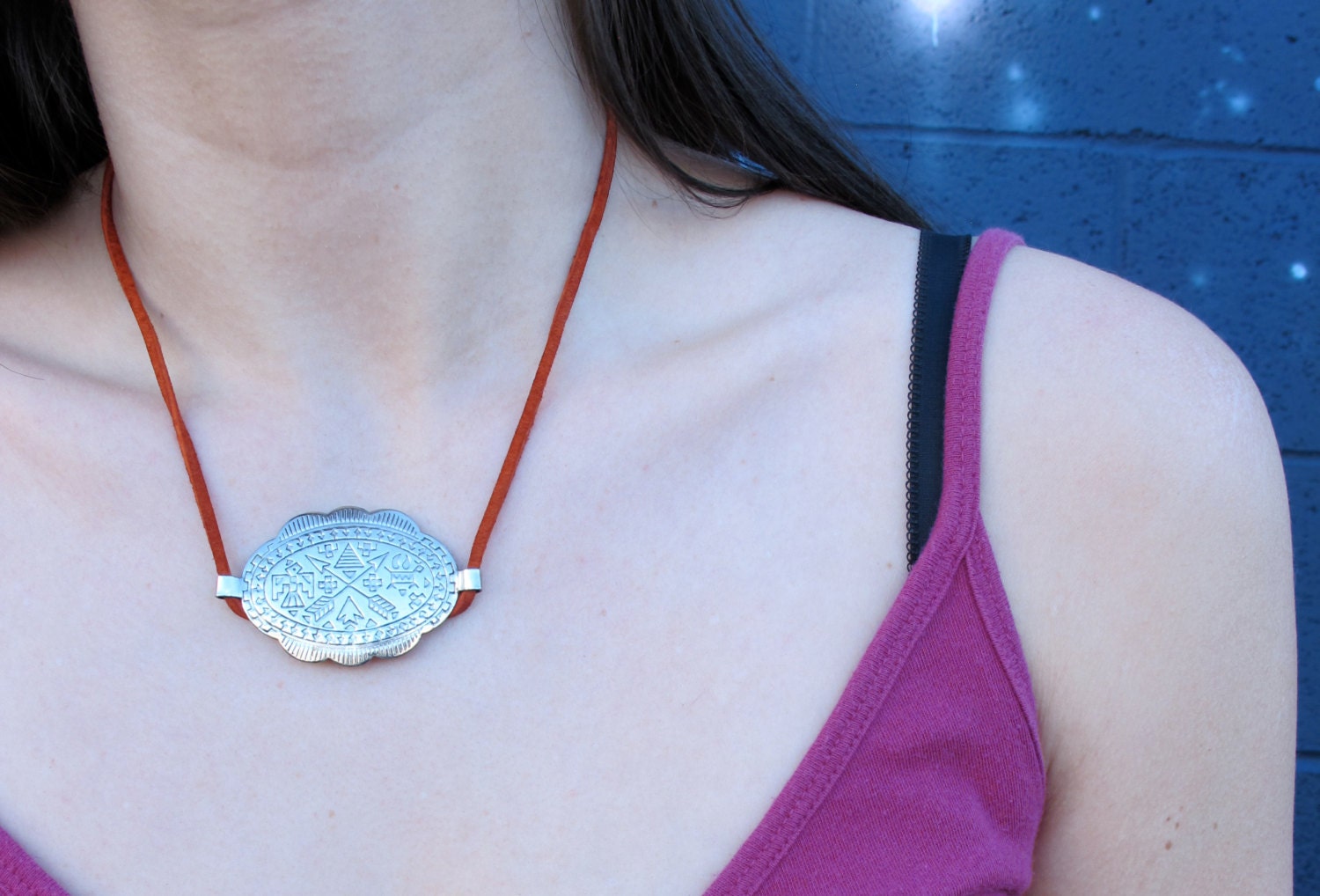 1970s Native Concho Charm Pendant Necklace on Suede or Vegan Leather // Made to Order