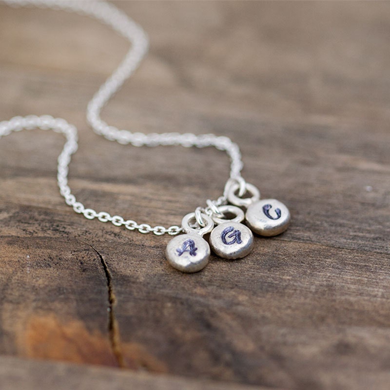 Silver Pebbles Personalized Necklace / Three Initials Hand Stamped Charms Monogram Necklace