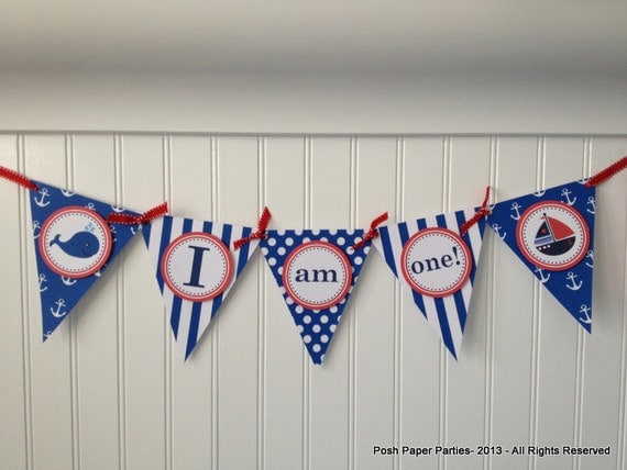 I am One - Nautical Birthday - Baby's First Birthday Highchair Banner - red-white-navy blue Il_570xn