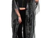 Grey Floral Brocade Velvet Burnout Gypsy Fringe Kimono Duster