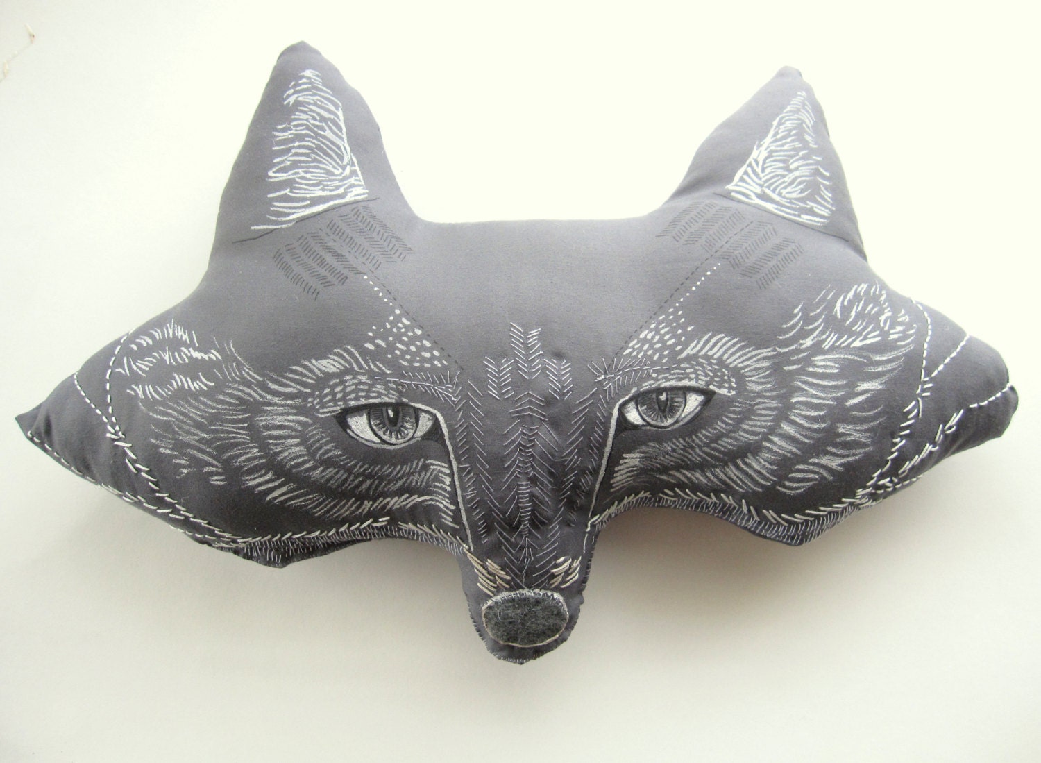 Gray fox pillow, tribal foxy home decor, hand embroidered decorative accent pillow