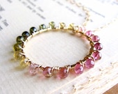 Tourmaline Necklace Wire Wrapped Circle Pendant Watermelon Tourmaline Pink Green Yellow 14k Gold Filled AMELIA necklace