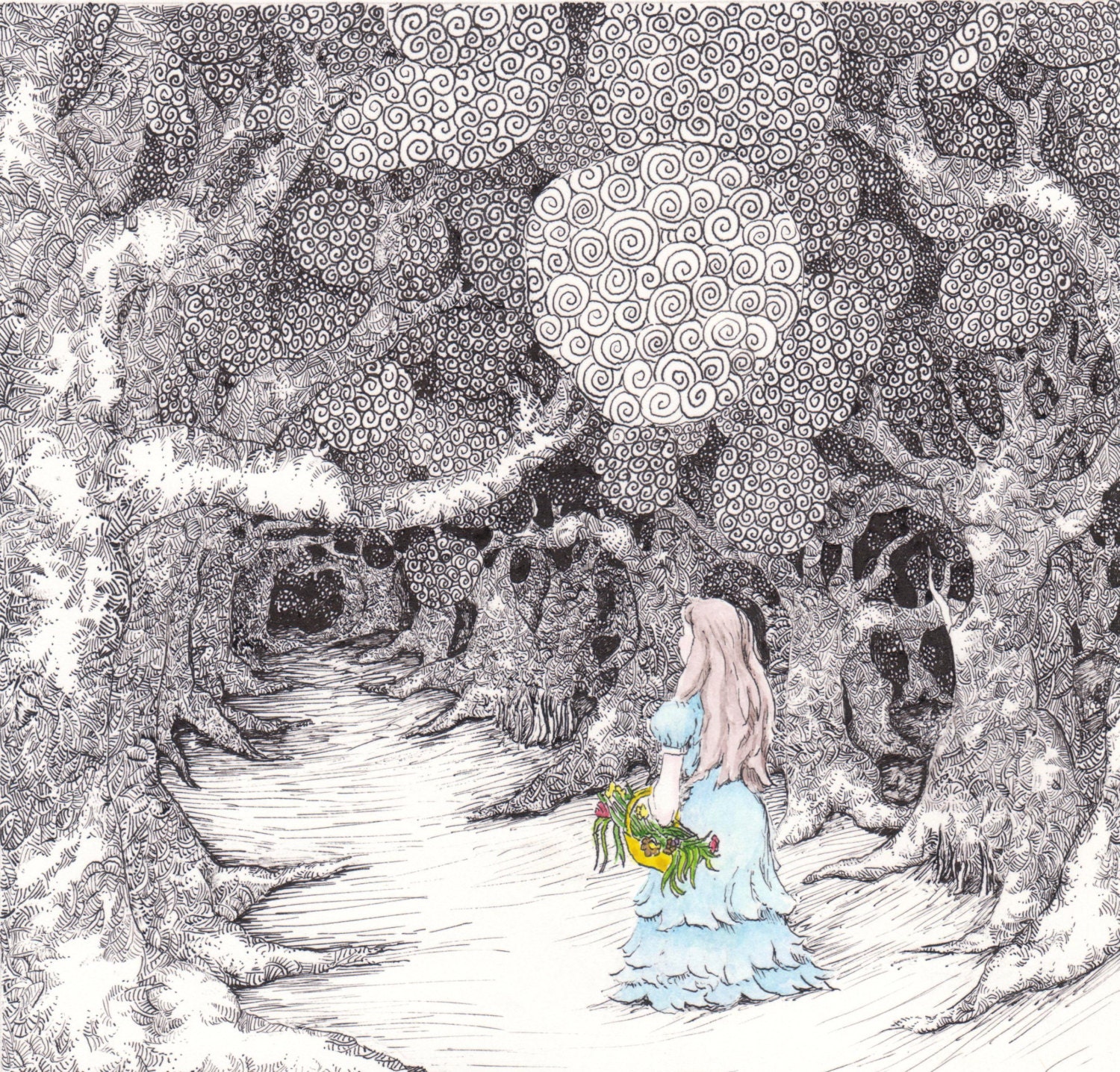 Presence:  An original pen and ink fairytale drawing with watercolor