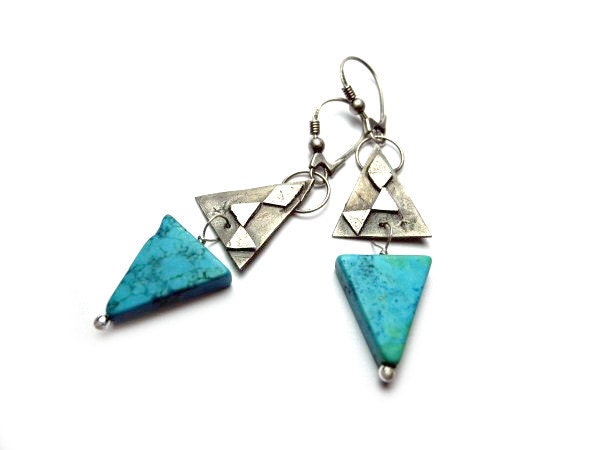Triangle Silver Earrings - Ancient Turquoise Earrings - Dangle Earrings - Geometric Arrow Earrings - Blue Aqua Turquoise - Unique Handmade