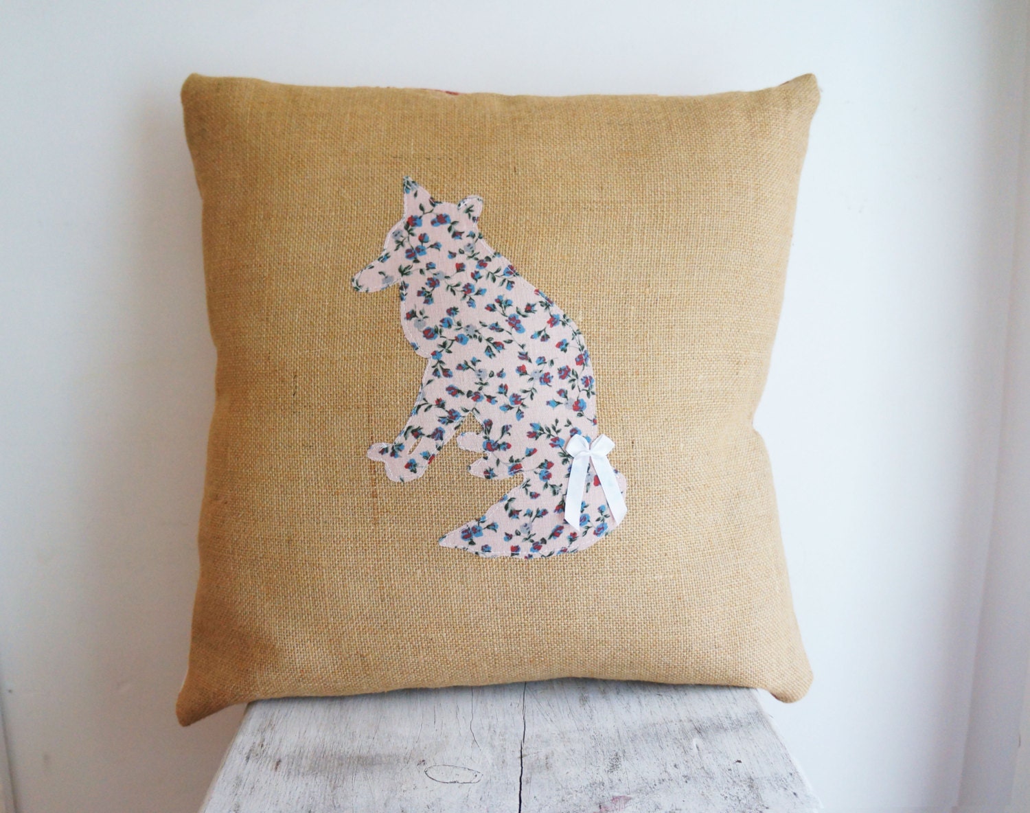 SALE, handmade fox cushion, floral fox, british wildlife, animals, hessian cushion, appliqued cushion, homewares, home decor SALE CUSHION