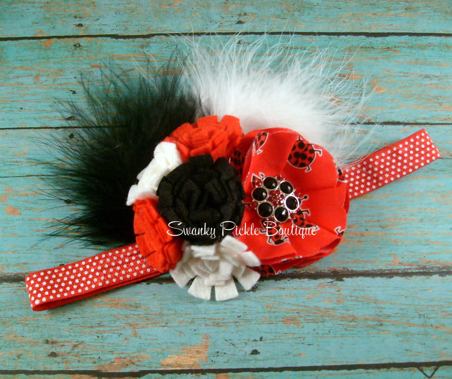 Red Ladybug Wool Felt Flower Headband - Fabric Flower Feather Headband - Red, Black, White - Baby - Toddler - Girl - Teen - Photo Prop