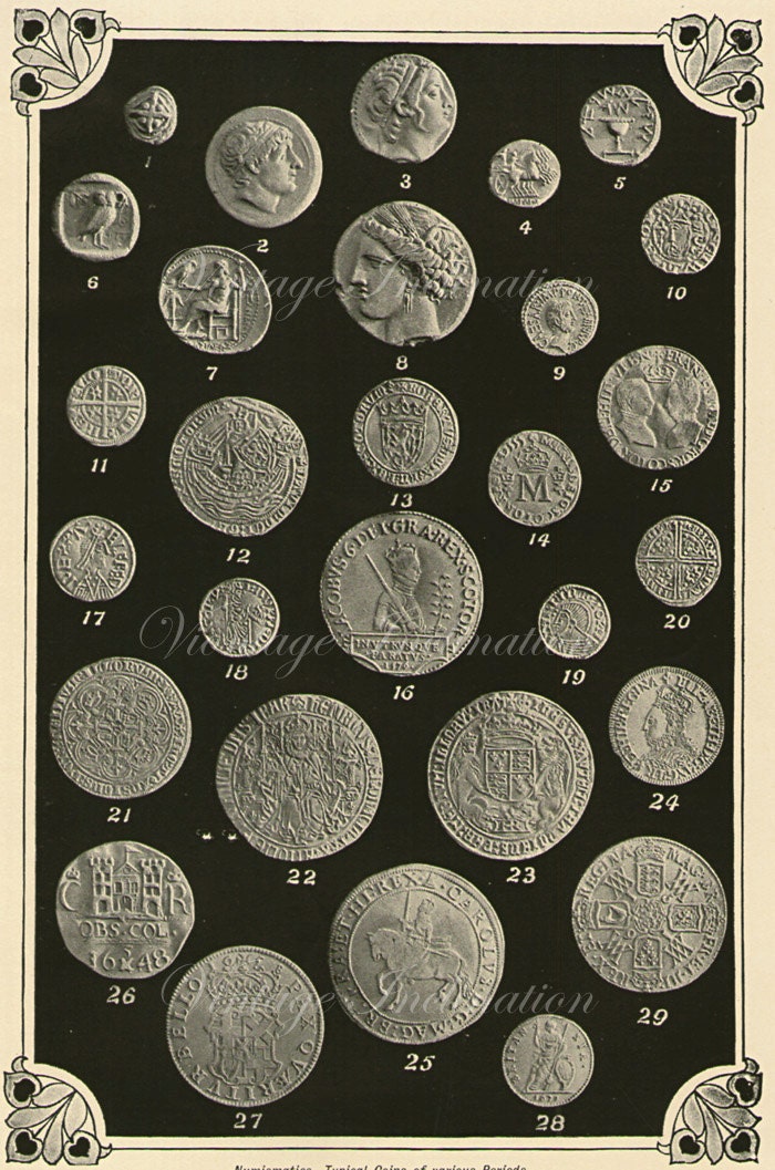 Antique Print 1907 NUMISMATICS - Typical Coins of various Periods, b/w Victorian lithograph print,  illustrations wall art vintage