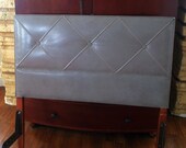 Classic MID CENTURY MODERN Bed 1950s Vintage Headboard Grey Faux Leather Upholstered Tufted Button Walnut Wood Retro Bedroom Furniture
