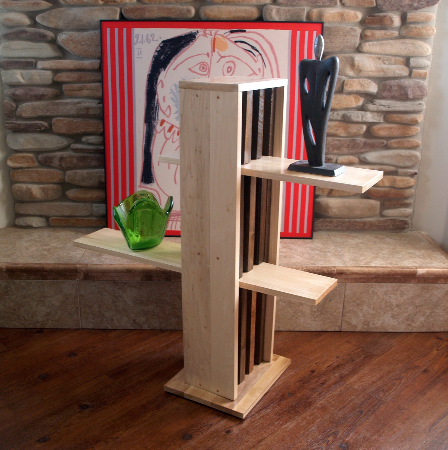 MODERN ART PEDESTAL Custom Designed Handmade Furniture Sliding Shelves Brutalist Shelf Stand Handcrafted in Poplar & reclaimed Oak and Pine