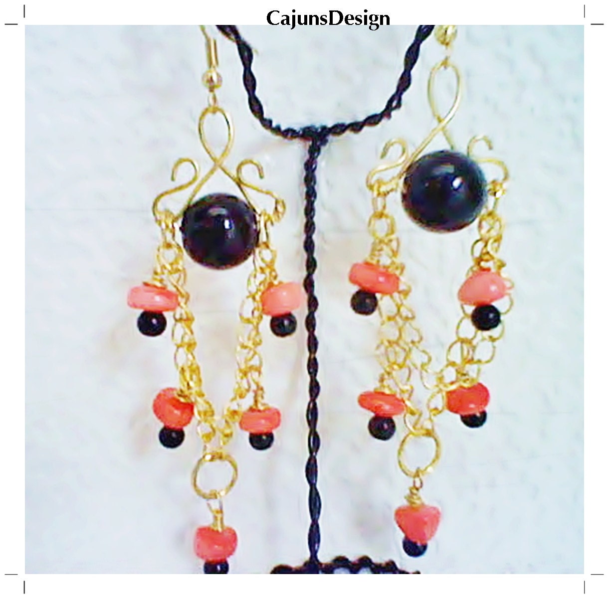 Jet  Black Glass-Coral Stone-Wire Wrapped Chandelier Earrings-(22.00)