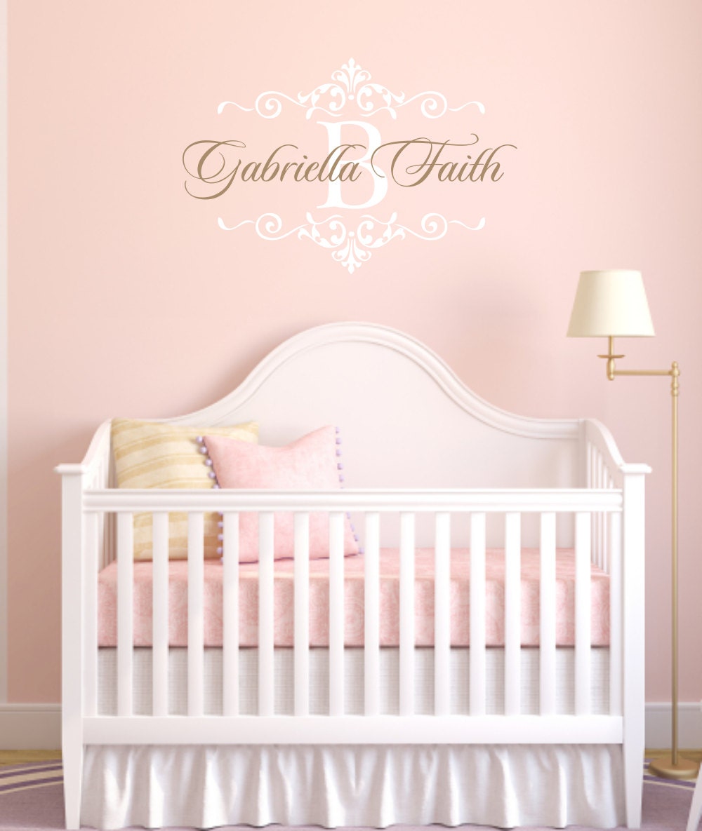 Name and Initial Vinyl Wall Decal Shabby Chic Damask Border Personalized Monogram Wall Decal Girl Baby Room Wall Art 22Hx36W FS284