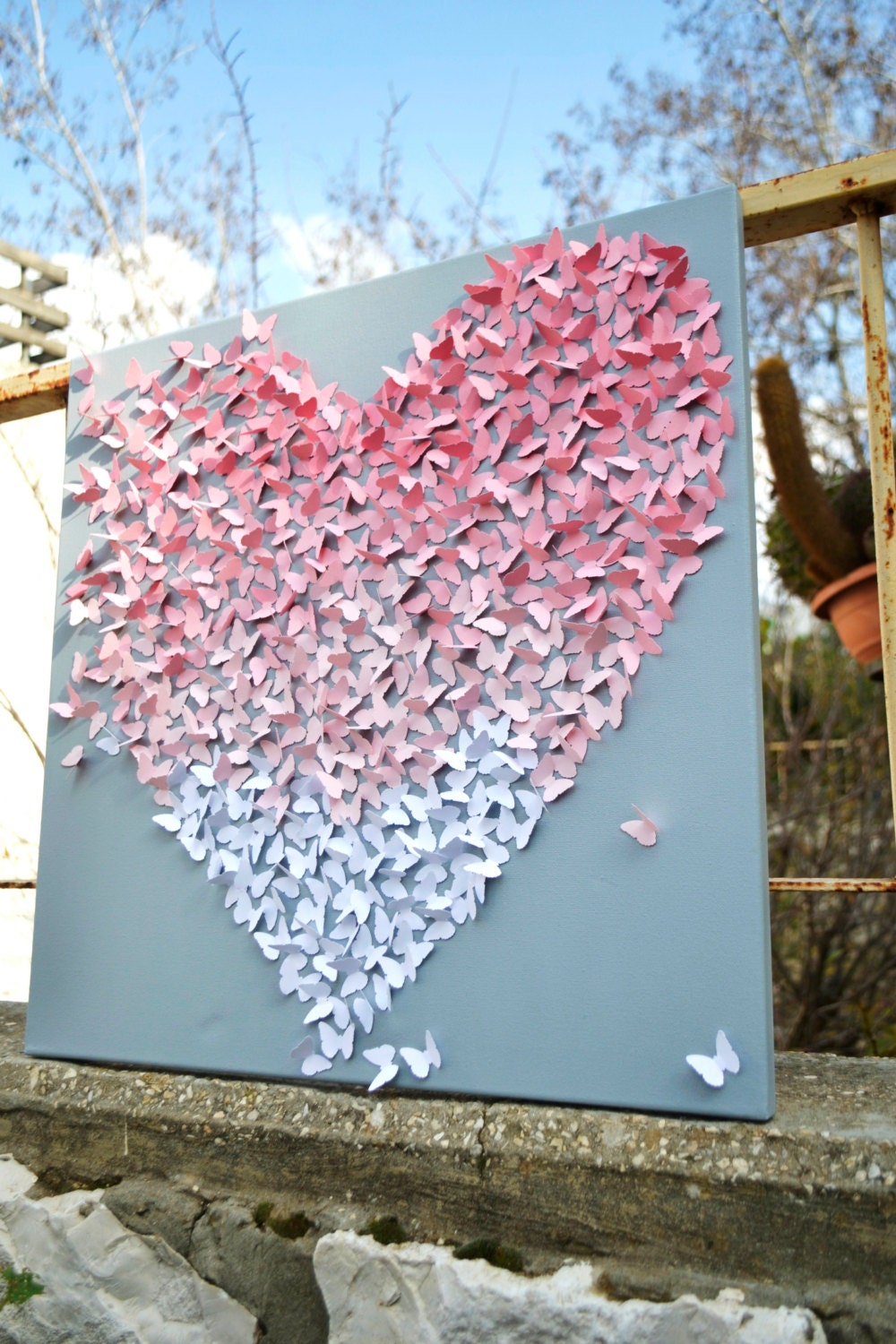 Light Pink Ombre Butterfly Heart on Grey/ 3D Butterfly Wall Art / Nursery Art /Children's Room Decor / Engagement / Wedding Gift