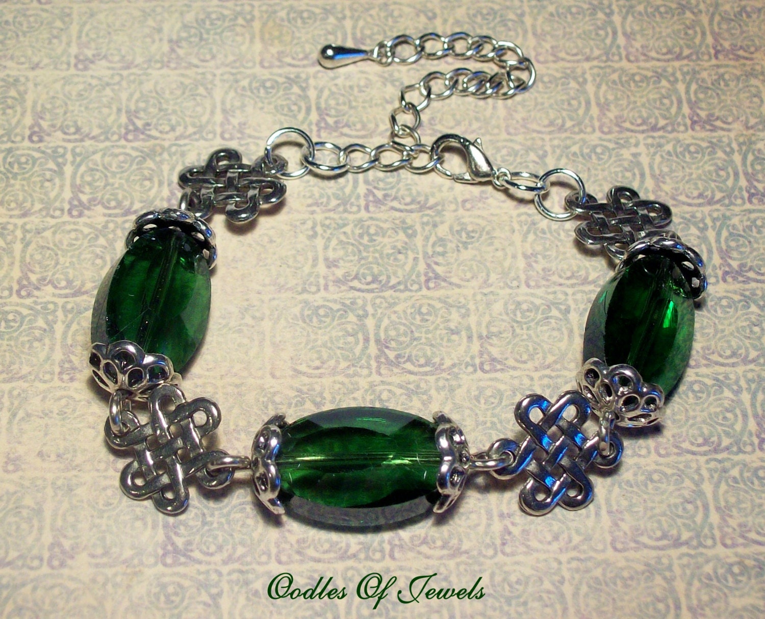 Aislin - Emerald Green Crystal and Silver Celtic Knot Bracelet - One Of A Kind Handmade Jewelry - FREE SHIPPING