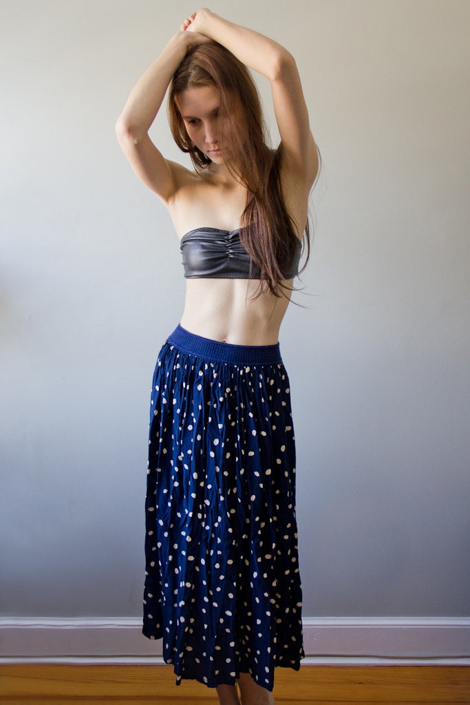 Vintage Blue Navy Maxi Skirt Polka Dots Off White Elastic Top Spots Austria Small Medium Extra Small XS