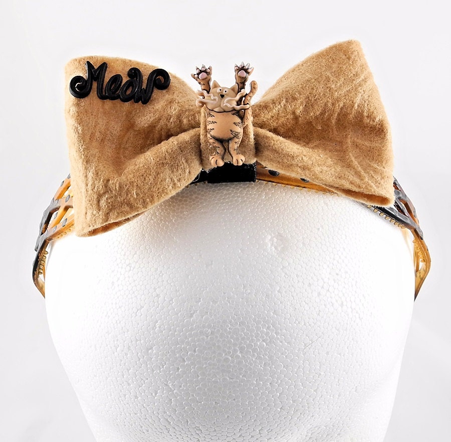 Handcrafted Felt Bow on Headband Cat's Meow - Removable - Convertible - Browns