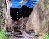 Black Short Square Knit Boot Cuffs with multicolor beads. Short Leg Warmers. Crochet Boot Cuffs. Legwear