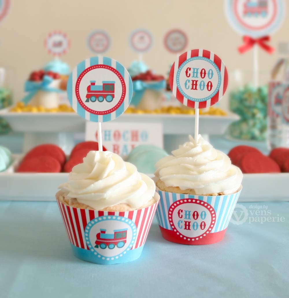 Vintage Blue Choo Choo Train Birthday Party - DIY PRINTABLE Party Circle and Wrappers - Instant Download - PS802CA1d