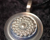 Beautiful, White, Blue, and Silver Pendant Necklace crafted from Vintage Buttons.  Black, Leather Necklace included