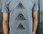 Handmade Aztec Illuminati Screenprint Men's Tshirt, All Seeing Eye, Evil Eye, Sceen Print Tee, Hamsa, Festival Tee