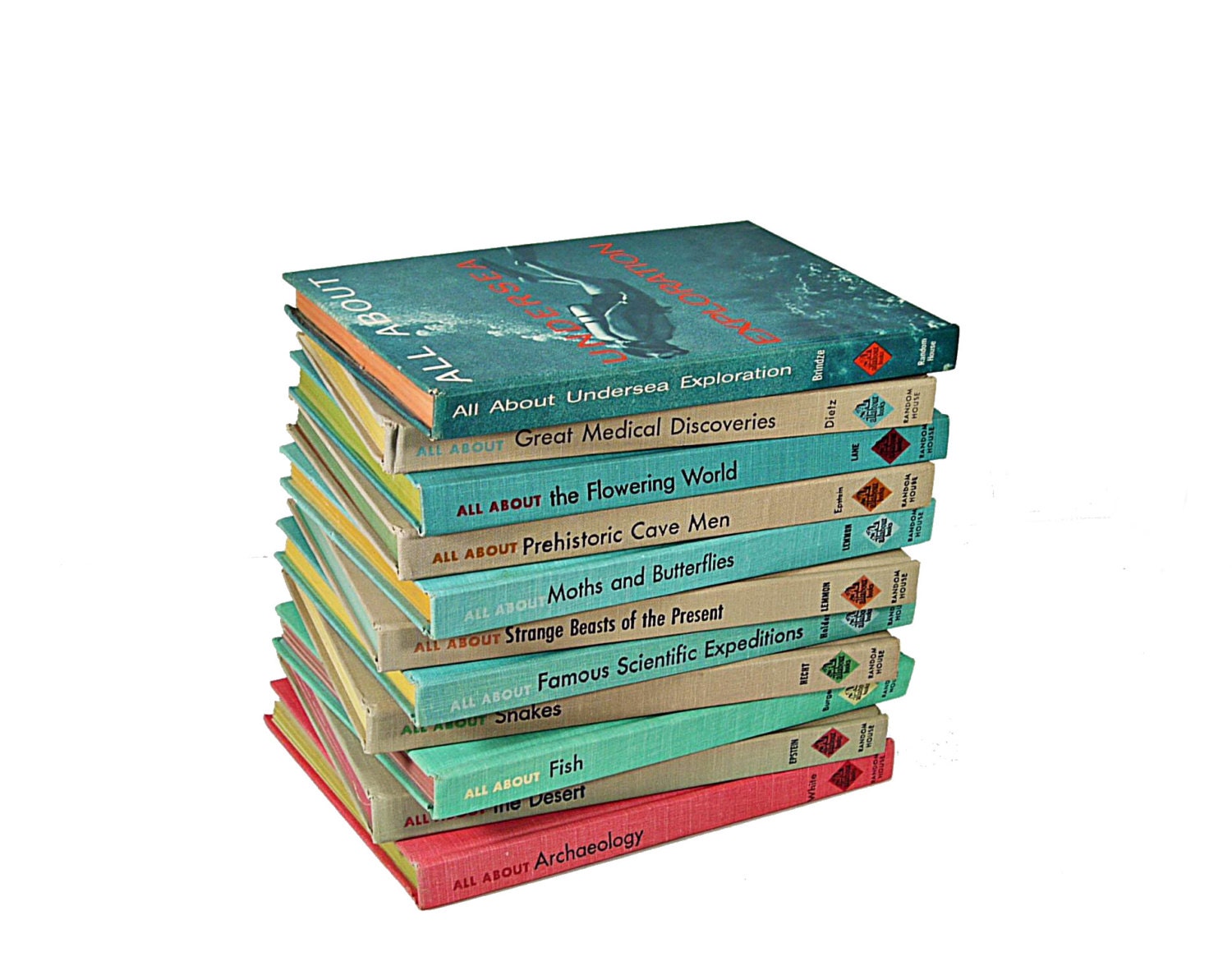 Teal Beige  Decorative Books, 1950s, ALL ABOUT BOOKS Book Collection,Book Decor, childrens room decor, Random House, green teal aqua tan