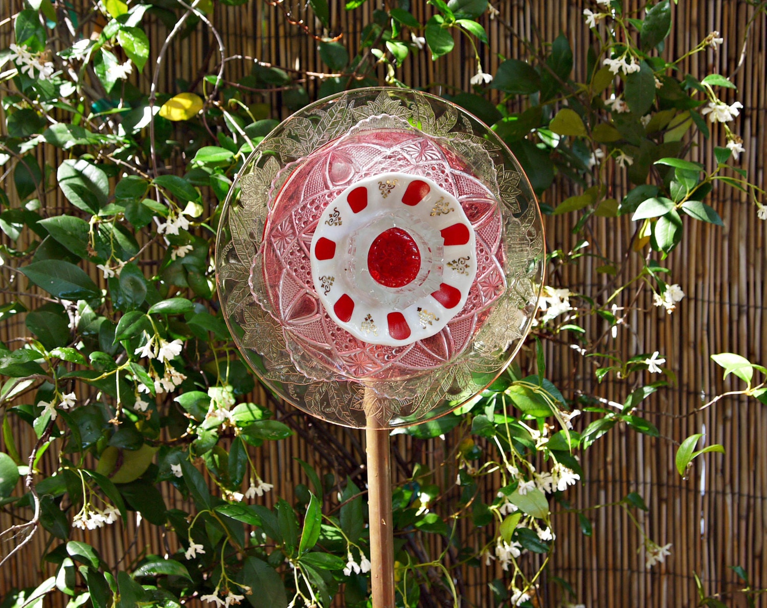HOT PINK Yard Art, Glass Garden Flower, Garden Plate Flower, Red suncatcher, Garden glass art,  Garden FLower, recycled,