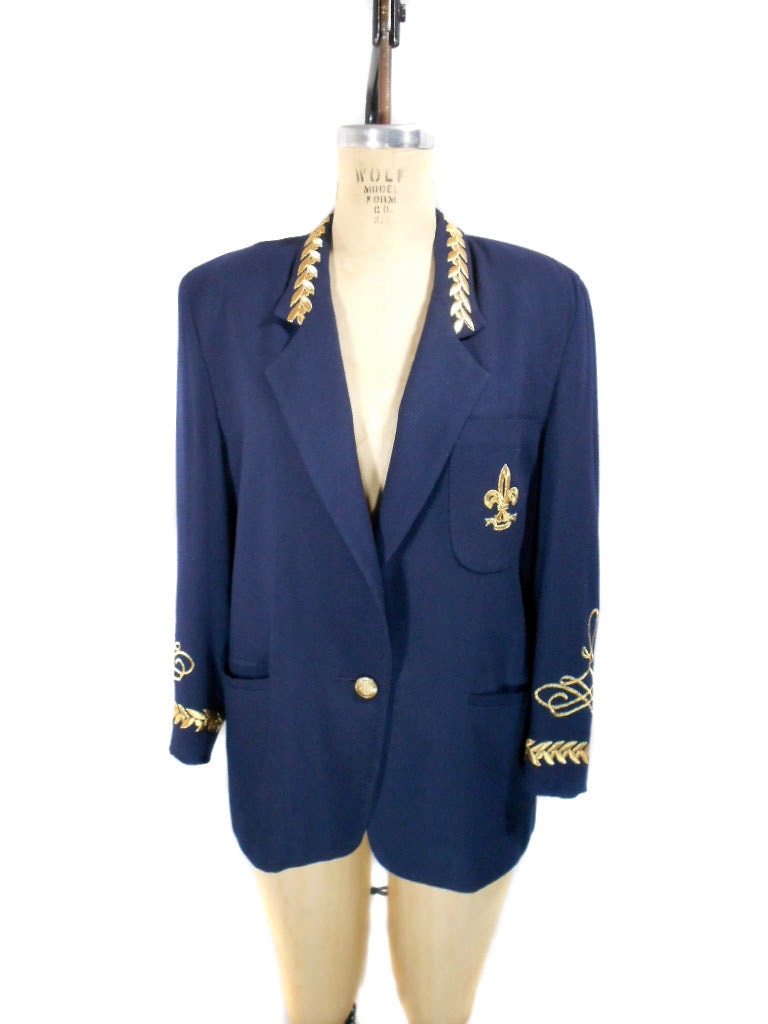 1980s School Boy Jacket by Made in America Petites - Navy Blue Gold - Military Nautical Boyfriend Jacket - Size Petite Medium