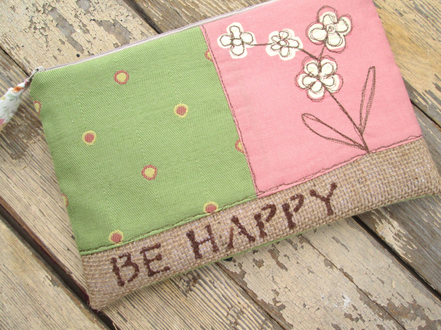 cosmetic bag, purse organizer, clutch purse, zipper pouch, BE HAPPY, graduation gift, teacher gift by whimsysweetwhimsy, Ready To Ship
