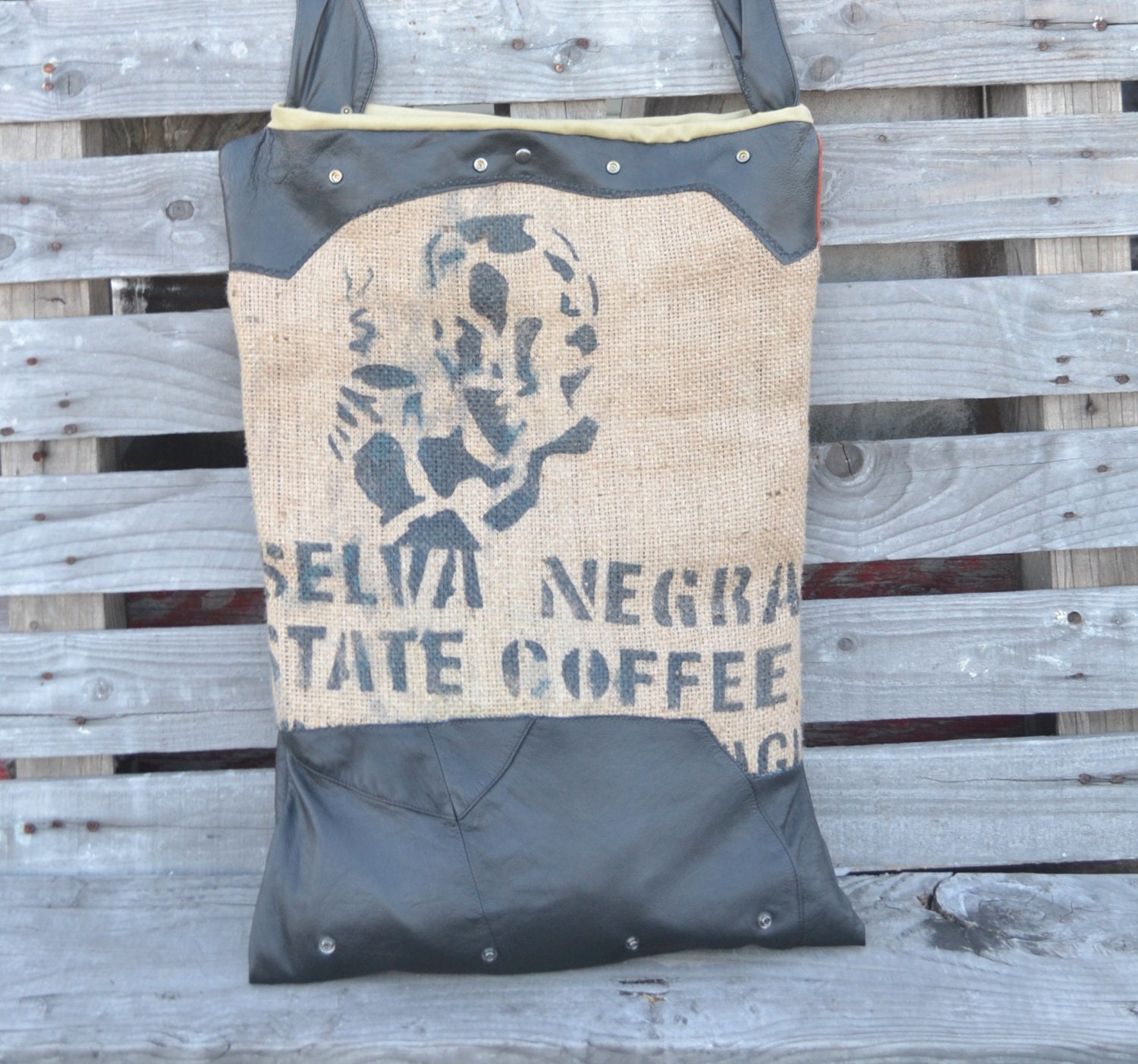 OOAK Oversized Leather Tote Bag - Burlap and Leather Tote Bag - Repurposed Coffee Tote