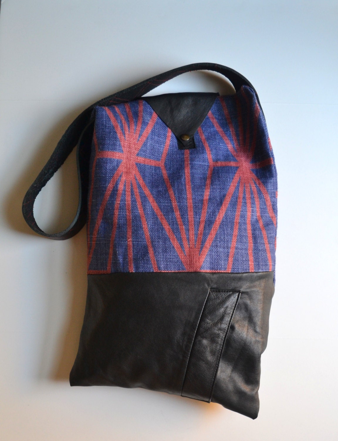 Geometric Tote Bag - Linen and Leather Tote Bag - Daily Medium Tote - OOAK