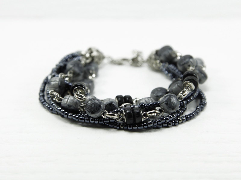 Grey Beaded Bracelet - Wood Beads, Seed Beads, Chain with Polymer Clay Charm Bracelets - Bracelets for Women - Casual Jewelry by Biesge