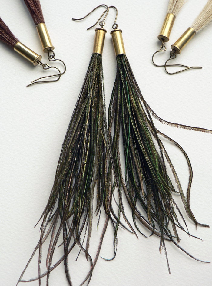 Feather Tassel Bullet Earrings - Peacock Feather Tassel Dangle Earrings