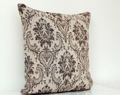 Cushion cover - printed tapestry fabric - damask print on throw pillow - decorative brown  linen pillows - 18x18