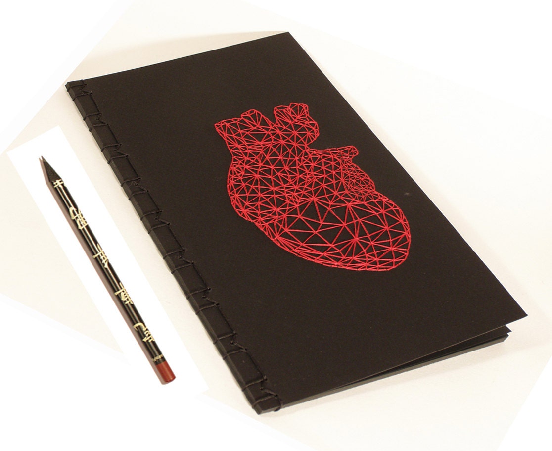 Red Heart Anatomy / Hand Embroidered Japanese Notebook with Black Pages / Anatomy Sketchbook