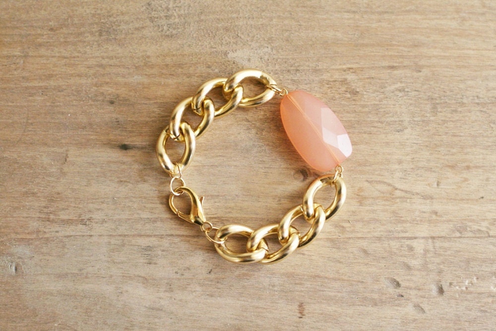 Gold Chain Bracelet with Peach Coral Charm - Lightweight Bracelet