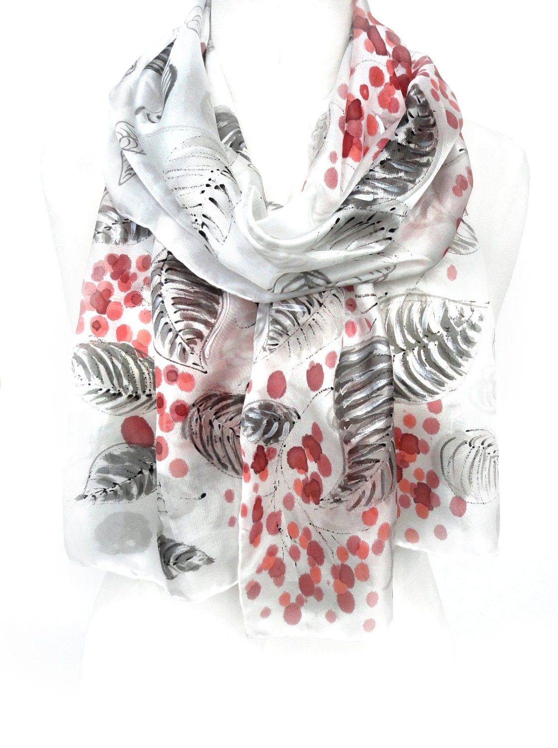 Floral Scarf. Red White Shawl. Hand Painted Women Scarf. Gift for Her. Echarpe Foulard. Shawl for Dress. 14x71in. (35x180cm). Ready2Ship.