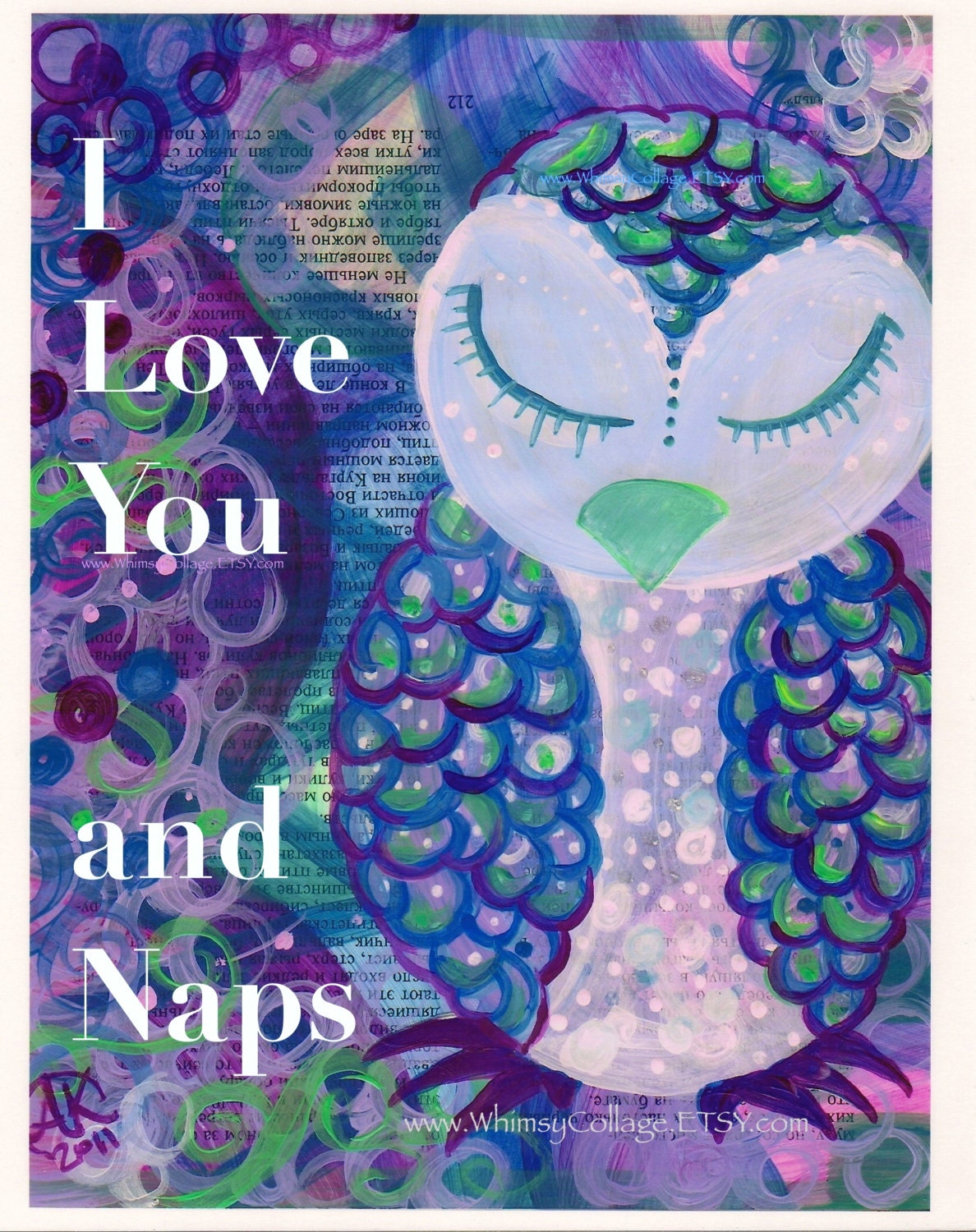 I Love You and Naps - Collage Painting Print - 8x10inches -  Owl Art from Allie Kelley