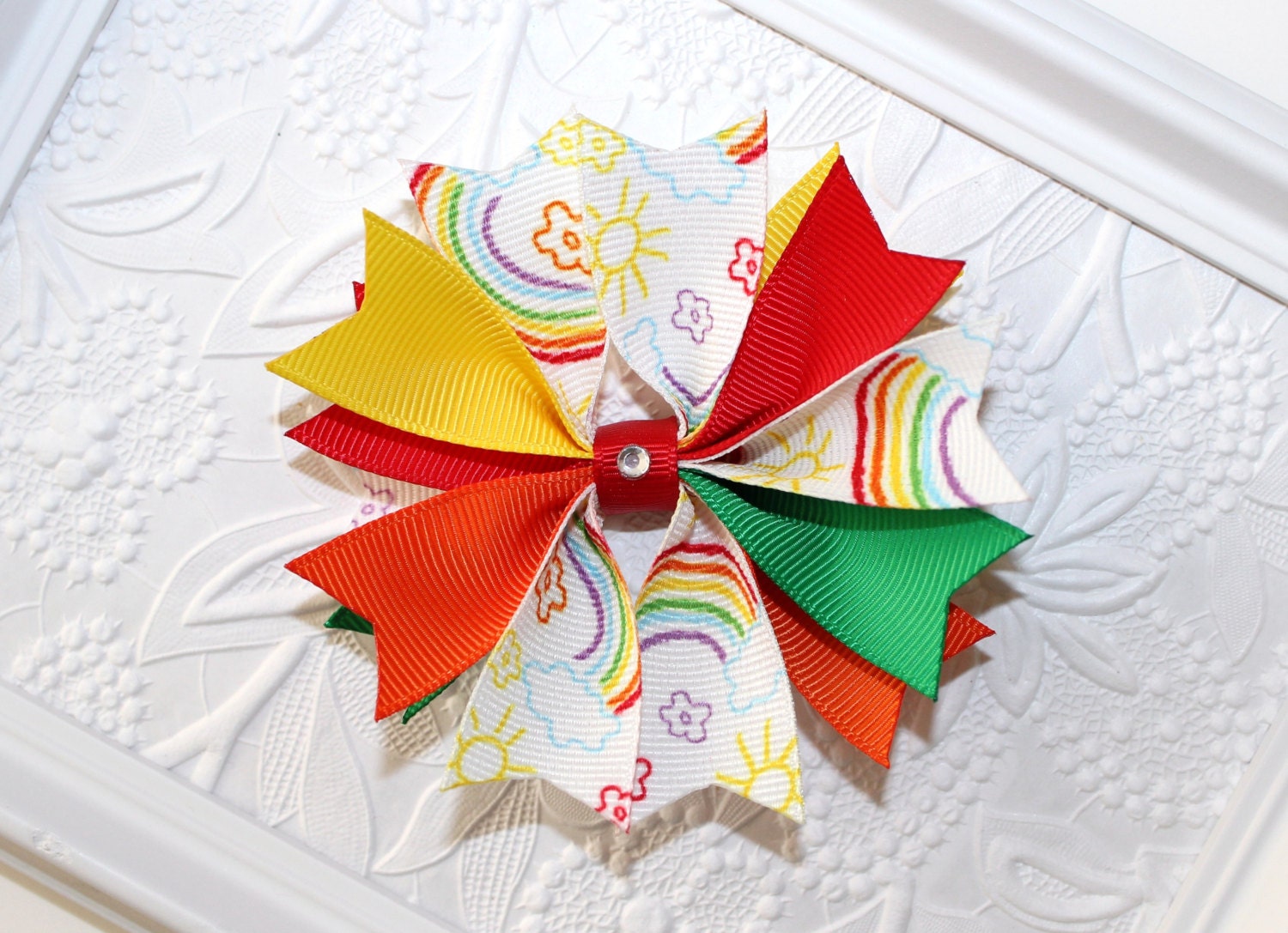 Rainbow Spiked Hair Bow - 1 Rainbow Hair Clip - 3 1/2 inches - Red Yellow Green Orange - Spring - Summer