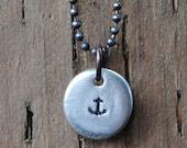 Nautical Anchor Necklace, Pewter Pebble with Anchor Symbol and Rustic Copper Ball Chain