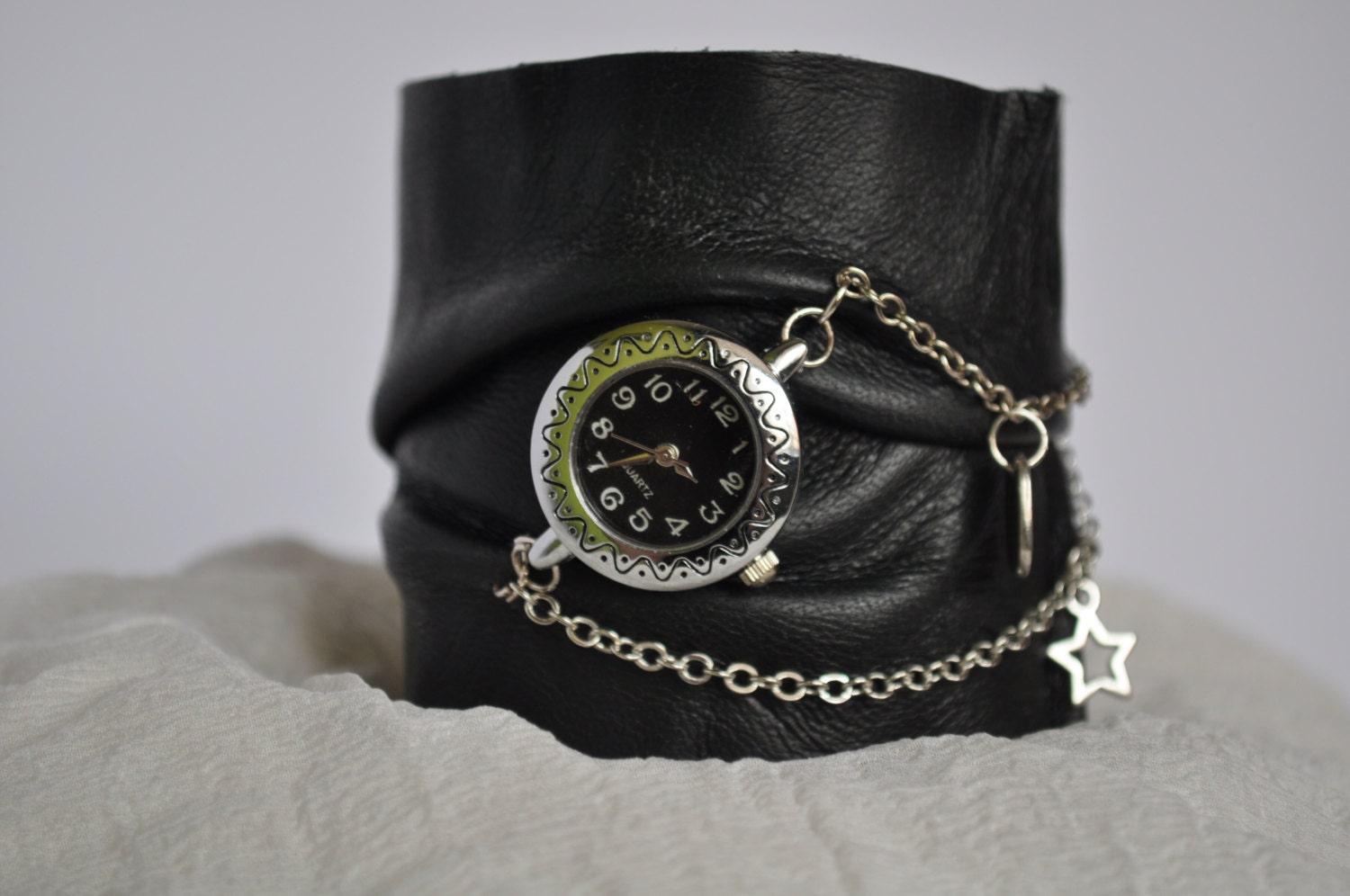 Leather Cuff With Watch / Women Handmade Black Leather Wrist Bracelet With Metal Accessories and Watch / Clock by HocusPocusStudio