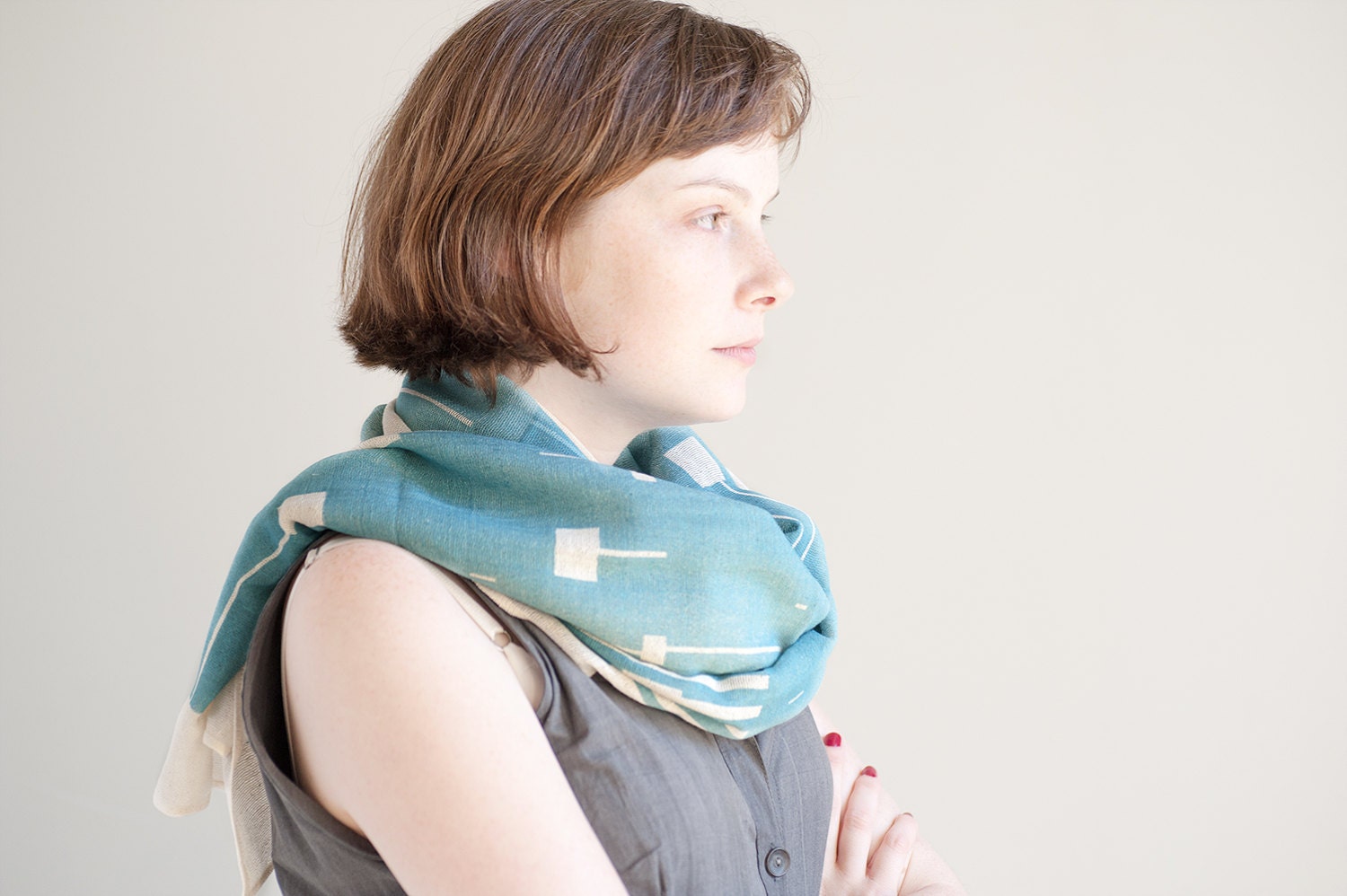 DUSK BLUE Pastel Hand Screen Printed Cotton Gauze Scarf, Nautical Boho Chic