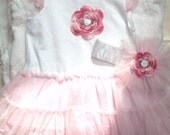 Girls Baby Infant White Pink  2 Piece Set (Bodysuit Tutu, Headband) - Handmade Irish Roses - Sizes 0-3, 3-6, 6-9 months