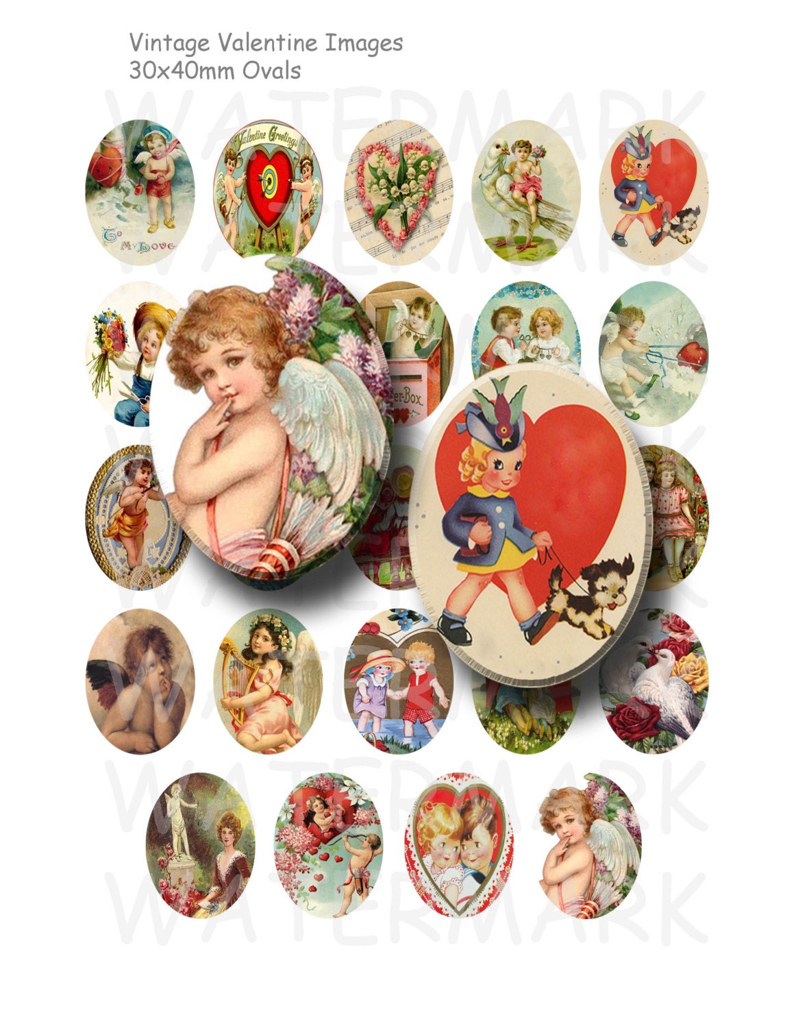 Vintage Valentine - Digital Collage Sheet   - 30x40mm Ovals - INSTANT DOWNLOAD - Buy 2 Get 1 Free - Sale