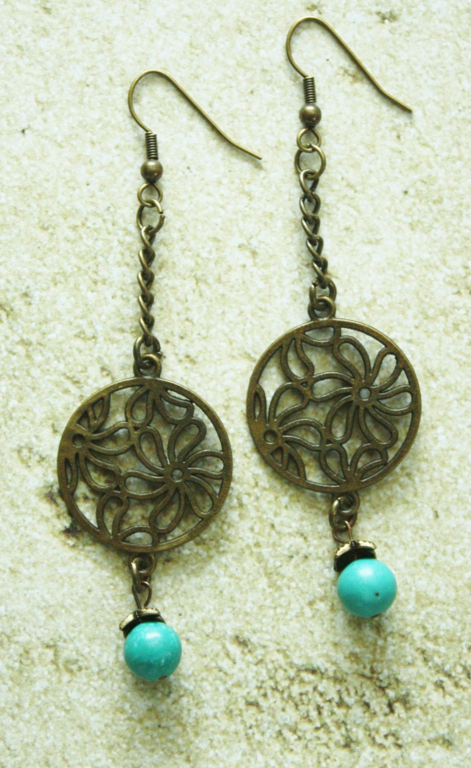 Antique Brass Chain Earrings / Daisy Design Charm/ Turquoise Bead/ French Wire / Handmade Beaded Earrings / Fashion Jewelry