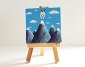 Mountain Goat, Mini Painting, 3x3, children's illustration, acrylic on canvas with mini easel, blue, purple, gray, white, OOAK