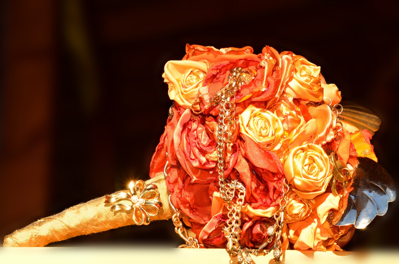 Brooch Bouquet - Wedding. Vintage Jewelry, Heirloom, Keepsake Bouquet. All Handmade fabric flowers. Orange and Gold.